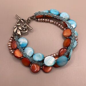 Vintage Blue Orange Silver Tone Beaded Large Cuff Bangle Statement Bracelet